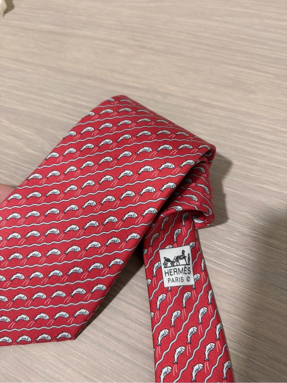 Vintage Hermès Paris Red Fish Print 100% Silk Men’s Tie France